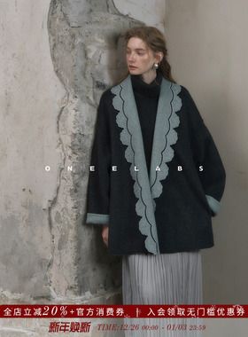 ONEELABS原创品牌 可两面穿 100%绵羊毛绣花领轻奢双面呢毛呢大衣