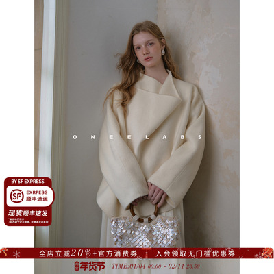 ONEELABS原创品牌 围裹式造型 全羊毛别致双面呢荡领短款毛呢大衣