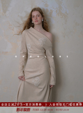 ONEELABS原创品牌 羊毛/莱赛尔/山羊绒混纺 绣花斜肩针织连衣裙女