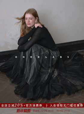 ONEELABS原创品牌 亮光纱面料 黑白多层渐变 优雅A字网纱半身裙女
