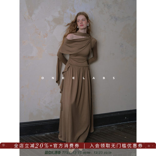ONEELABS原创品牌 飘带斜肩羊毛针织连衣裙女藏肉显瘦长款打底裙