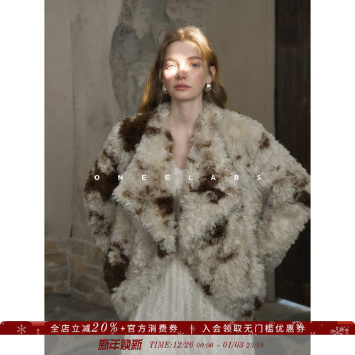 ONEELABS原创品牌 轻奢撞色环保卷毛皮草女宽松大翻领毛毛外套冬