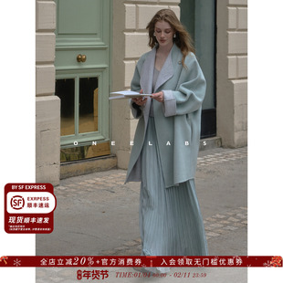 ONEELABS原创品牌 可两面穿 绵羊毛双面呢大衣女春冬蓝色毛呢外套