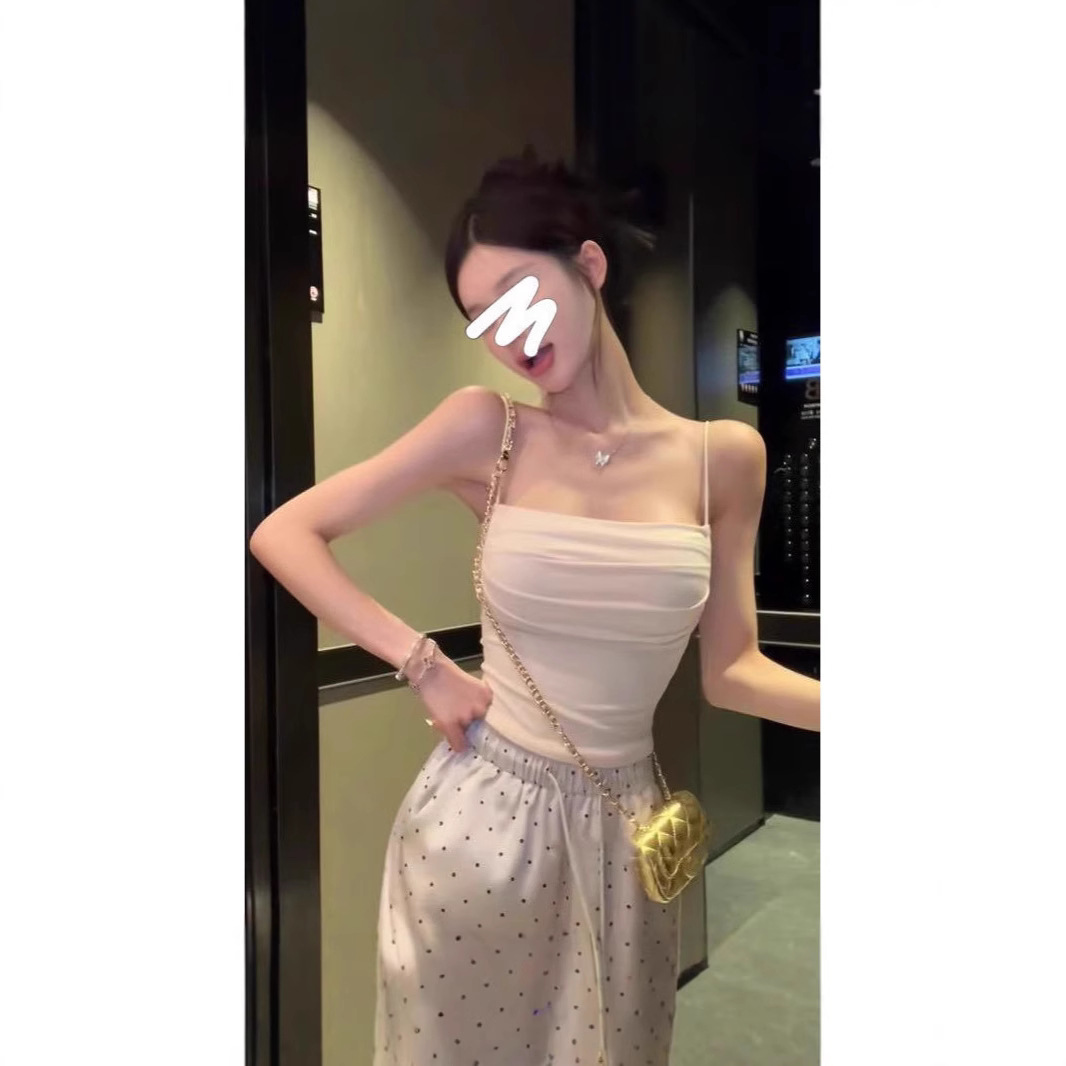 辣妹性感褶皱吊带小背心女美式甜辣风修身显瘦带胸垫上衣夏季外穿