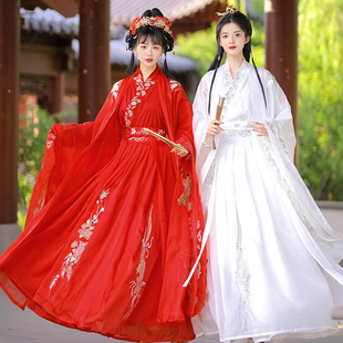 原创魏晋风汉服女白色仙气飘逸男女红色情侣长款刺绣古装雪纺