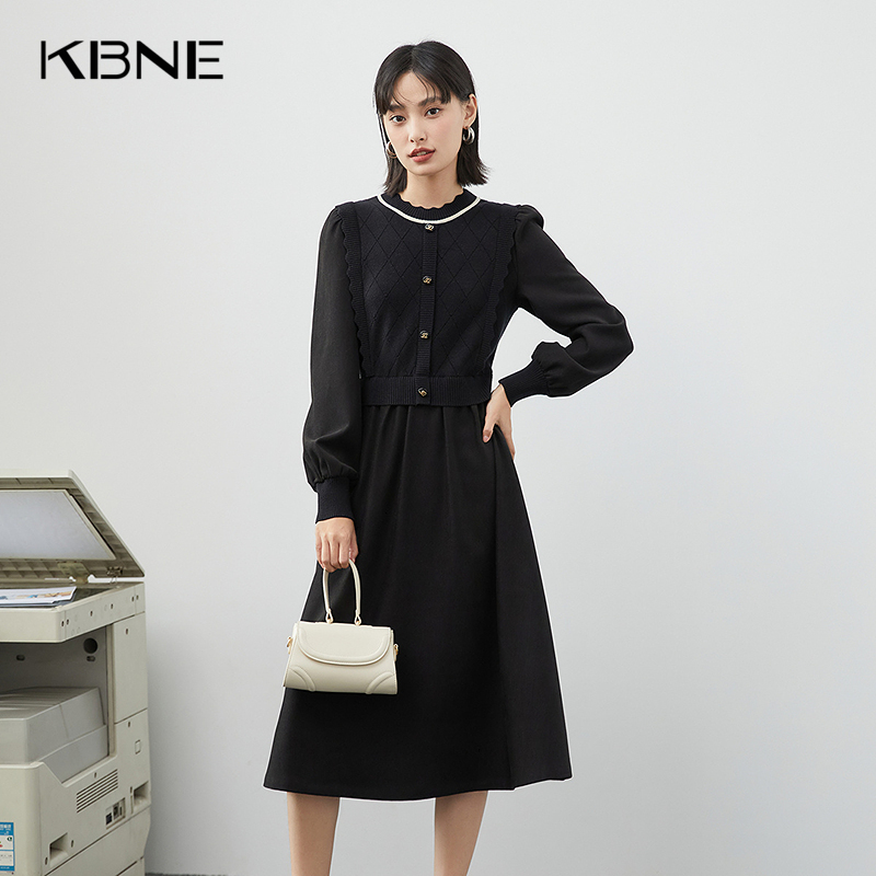 KBNE2025新款圆领黑色收腰显瘦长袖连衣裙简单大方中长裙秋季女
