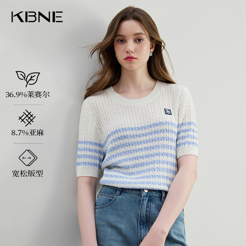 KBNE蓝白莱赛尔条纹针织衫薄款圆领小衫夏季新款亚麻短袖上衣女装