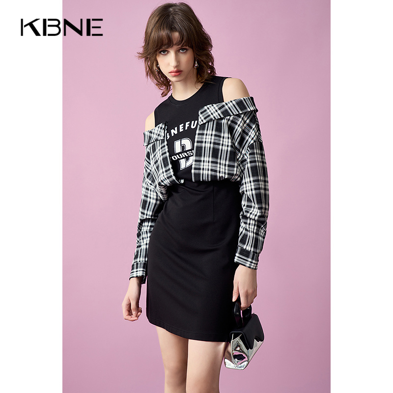 【商场同款】连衣裙女长袖kbne2025夏季新款假两件气质女神范裙子