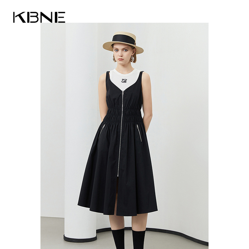 KBNE2024年夏季黑色夏季无袖收腰拼接长款直筒裙宽松连衣裙高级感