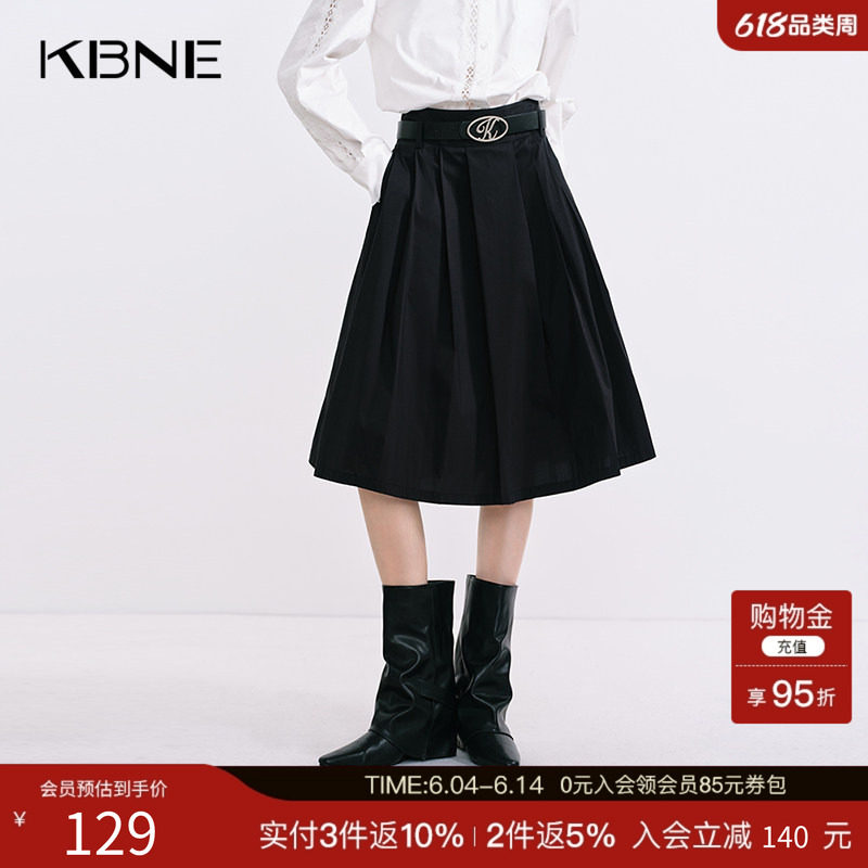KBNE半身裙女黑色高腰百褶裙25秋季新款简约学院风拉链A字中长裙