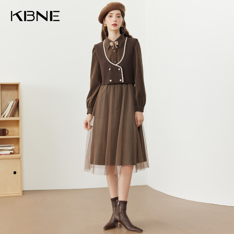 KBNE咖色时尚早秋套装两件套2025新款连衣裙拼接小个子春秋女