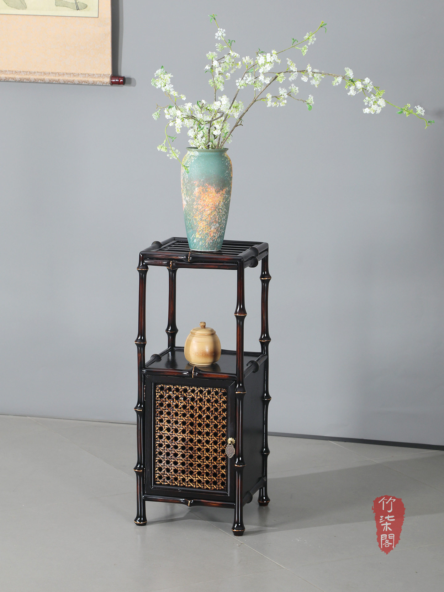 采购产品竹花架，漆竹家具，竹储物架，新中国风茶具储物展示架，