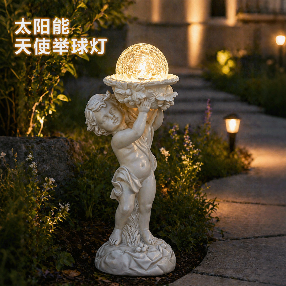 跨境新款太阳能灯灯庭院装饰LED树脂天使举灯户外防水花园摆件跨