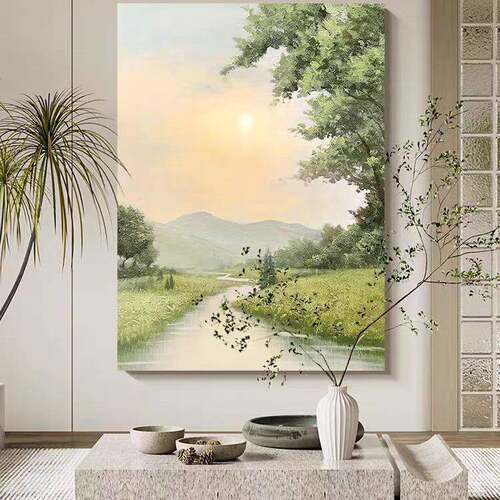 现代简纯手绘画油画进门饰玄关挂山水风景走廊过道壁WEA约画客厅