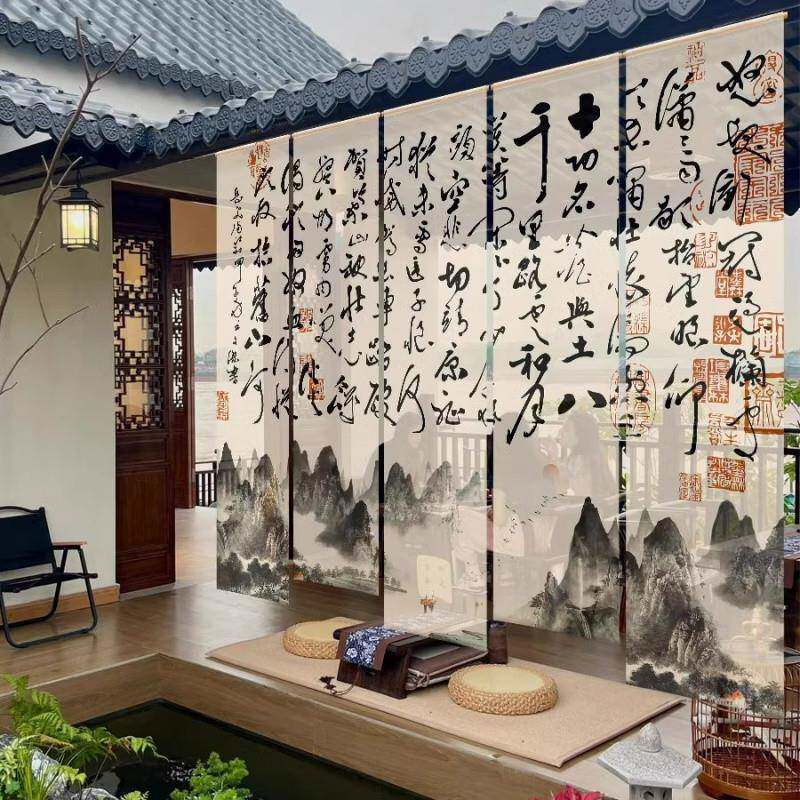 新款中式室山水布画半rdwbpxYQ透纱幔挂古风宿茶国风民布置草棚小