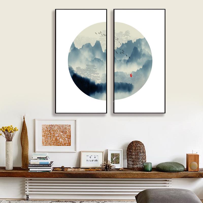 竖版水装饰画新中式玄关壁画E-9004抽象圆形茶室书房挂墨厂画家直