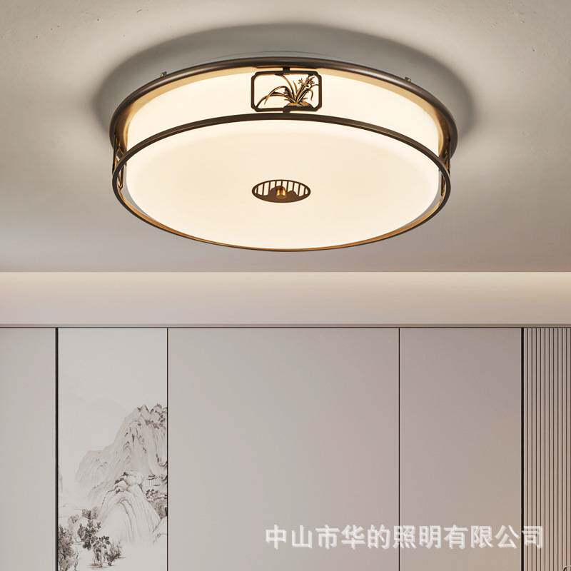 新中式卧室吸顶灯圆形中国风全铜餐厅铜灯全光谱书房灯饰中山灯具