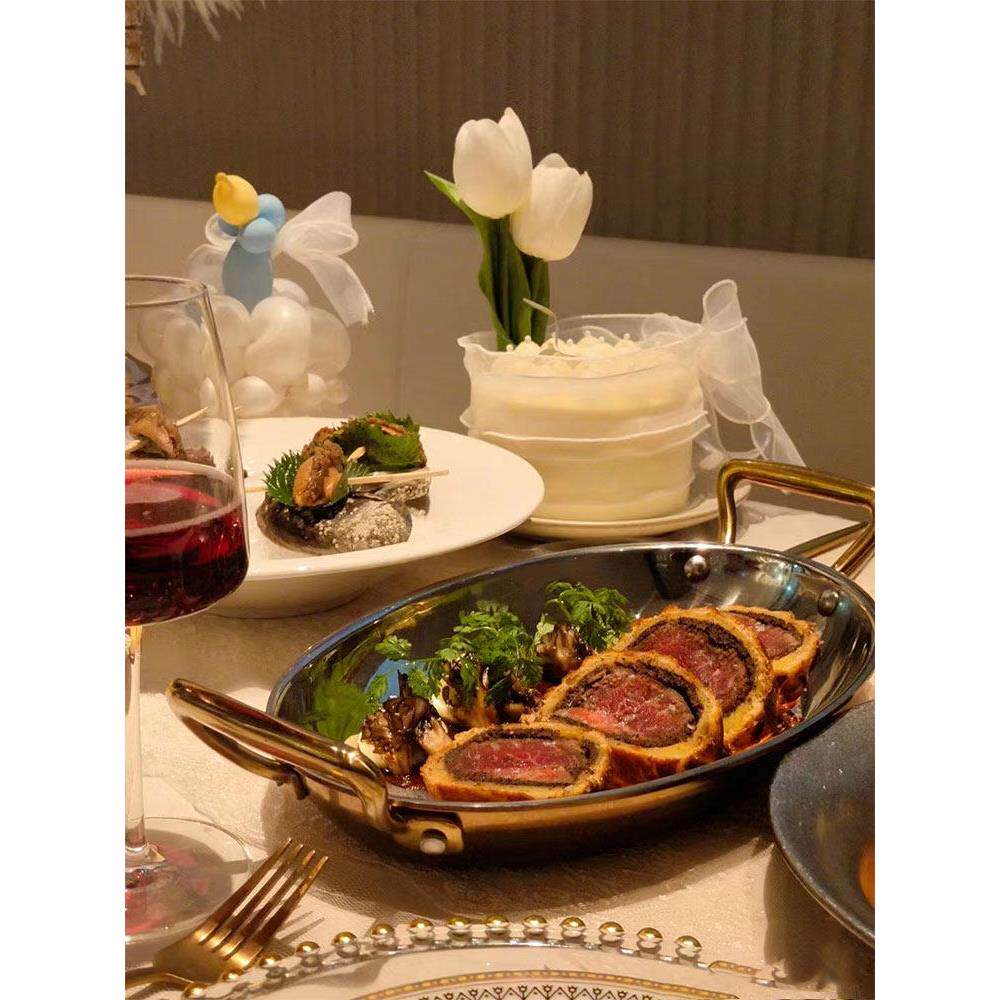 创意餐具椭圆形不锈钢盘西餐盘三层钢鱼炉盘双耳盘西餐厅盘龙虾盘