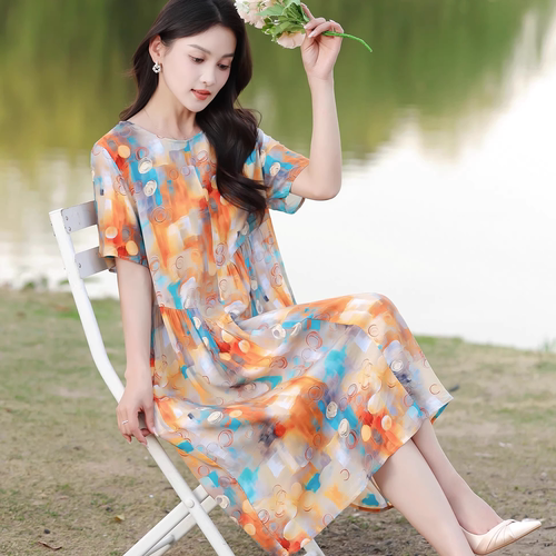 2026女棉绸连衣裙中长款复古度假瘦沙滩裙子大摆收腰显瘦海边沙滩