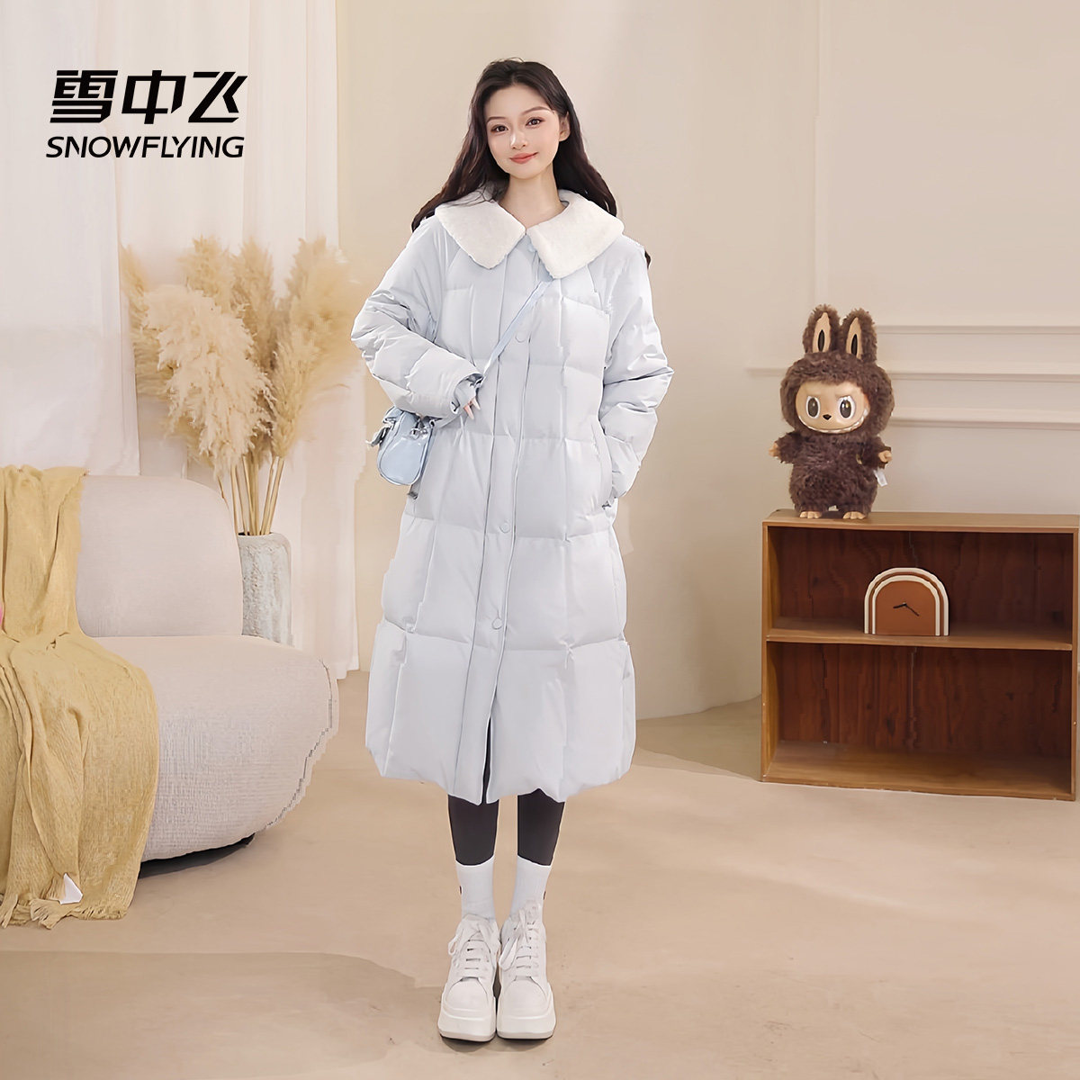 雪中飞新款蓝色羽绒服女款冬季保暖宽松长款气质温柔好看翻领外套