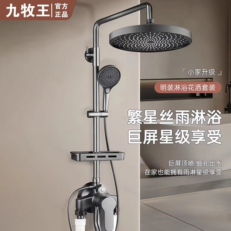 九牧王加厚全铜明装淋浴花洒套装家用卫生间增压明管明接淋浴龙头