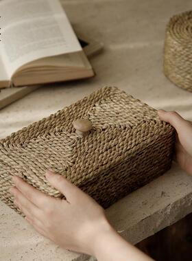 栗石【织夏】侘寂风手工藤草编织收纳盒覆古首饰盒样板间装饰摆饰