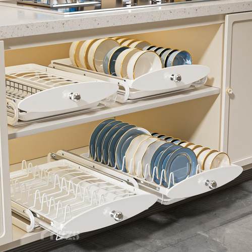 厨房抽拉碗碟沥水架整体橱柜内抽屉式碗筷收纳层架子碗盘盘子拉篮