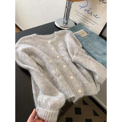 绵羊毛马海毛灰色刺绣软糯开衫