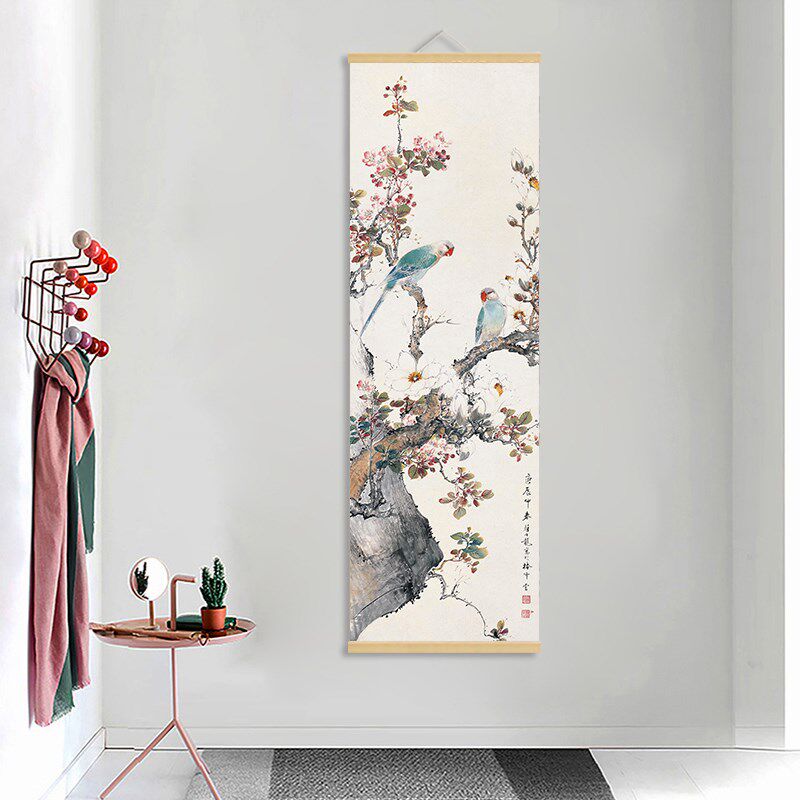 颜伯龙花鸟树木卷轴挂画中式国画茶楼风水客餐厅电表箱遮挡装饰画