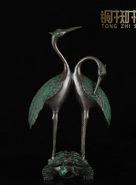 知柿纯铜龟鹤仙鹤工艺品门厅龟鹤延年灵芝双鹤青铜鹤摆件乔迁礼品