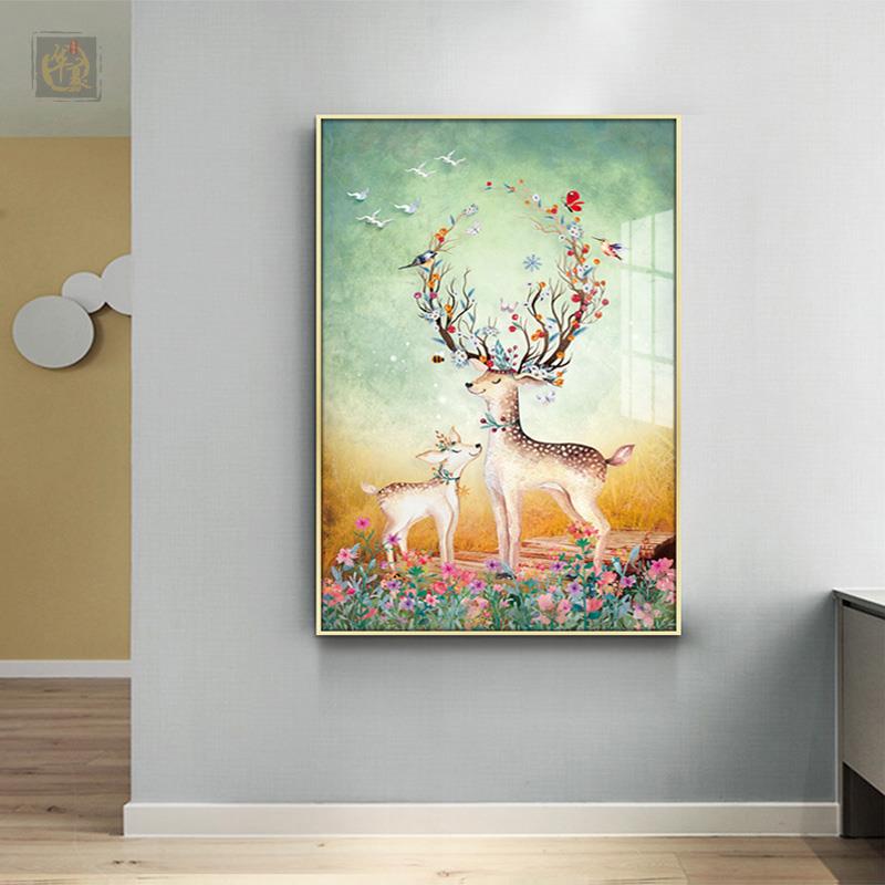 麋鹿玄关装饰画现代简约过道走廊壁画入户客厅餐厅招财鹿墙面挂画图片