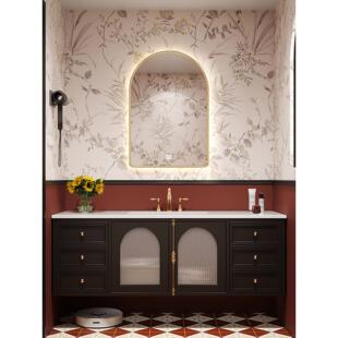 橡木浴室柜一体盆洗漱台法式复古卫生间洗脸洗手盆柜组合岩板定制