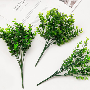 仿真绿植 饰金钱草塑料假花批发 7叉尤加利叶花束 餐厅花坛插花装