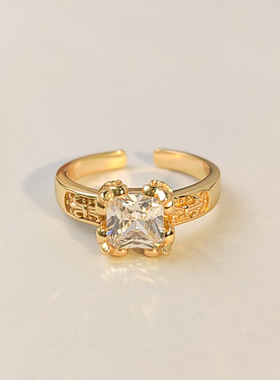 法式经典S925纯银方形雕刻圣火开口戒指女小众设计高级感轻奢