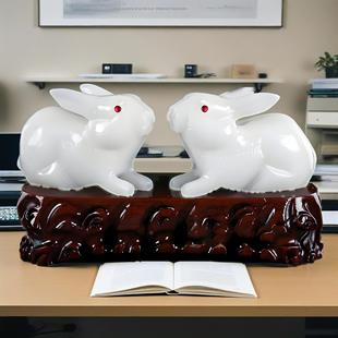 雕刻白玉小白兔生肖白玉兔摆件家居办公兔子摆件工艺带礼盒证书