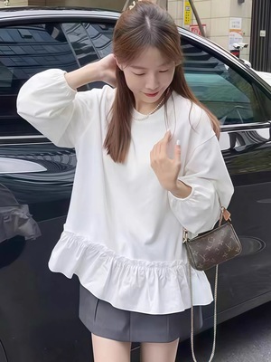 韩系甜美风荷叶边下摆长袖衬衫