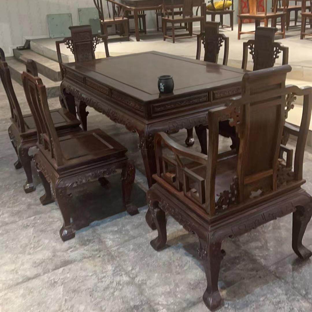 中式全实木餐桌椅组合雕花大红酸枝交趾黄檀大圆餐桌家用吃饭桌