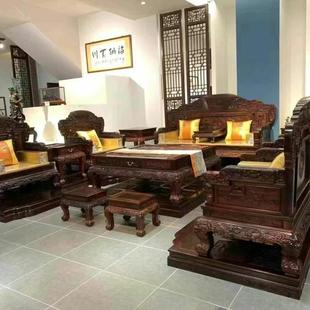明清家具大红酸枝交趾黄檀卷书沙发三人座大茶几组合十一件套