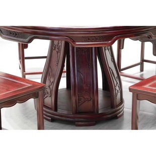 非洲小叶紫檀赞比亚血檀七件套雕花圆餐桌大圆台转盘桌红木家具