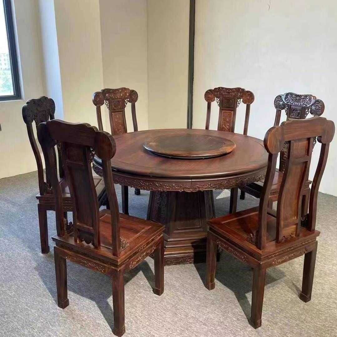 红木圆桌大红酸枝全实木餐桌新中式家具交趾黄檀黑飘红圆桌餐桌椅