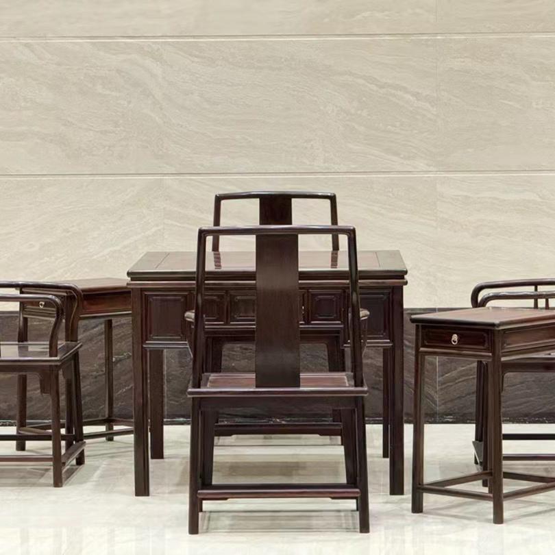 老挝大红酸枝交趾黄檀麻将桌休闲桌五件套打牌桌餐桌清式明式家具