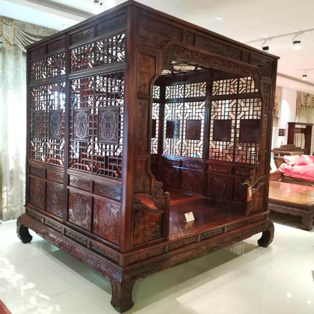 老挝大红酸枝红木架子床 实木床 公主床 交趾黄檀 步步高床