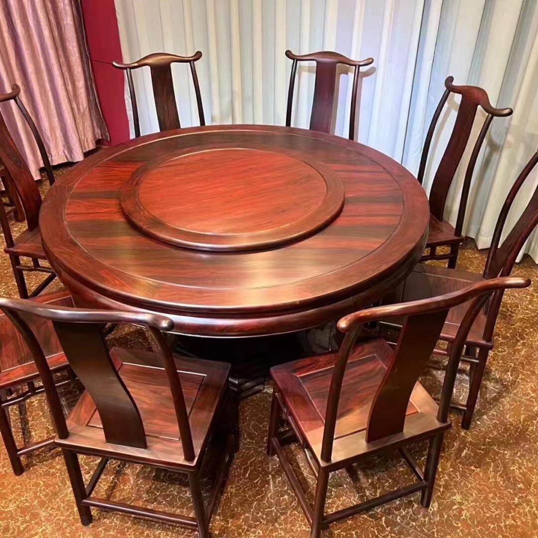 明式老挝大红酸枝黑飘红圆餐桌老料交趾黄檀实木家具别墅家具