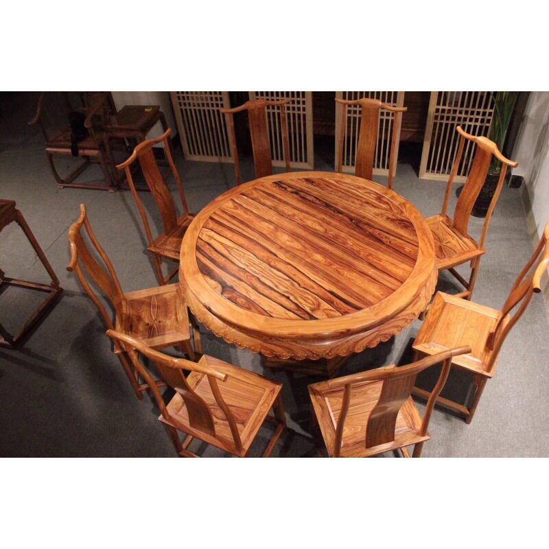 白酸枝奥氏黄檀圆餐桌圆台吃饭桌椅清式明式雕花鸟奥氏黄檀