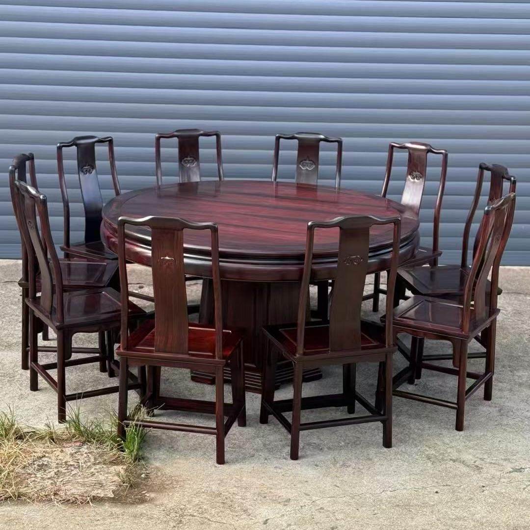 老挝大红酸枝餐桌椅组合家用带转盘红木餐桌仿古雕花中式大圆桌子