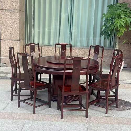红木家具 老挝大红酸枝 新中式实木圆形长方形餐桌椅组合明式