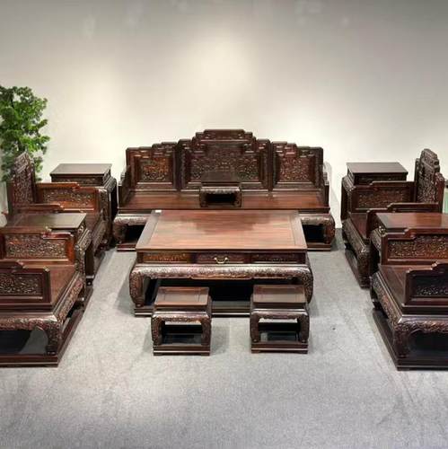 新中式大红酸枝实木沙发组合客厅别墅明清仿古小户型红木雕花家具