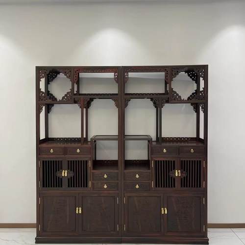 大红酸枝两抽博古架中式实木桌面置物收纳架红木茶壶架办公室摆件