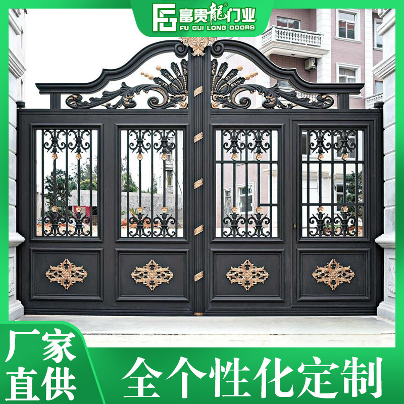 新中式雕刻铝艺大门 商品楼铝艺门双扇对开门 铝合金平开门电动门