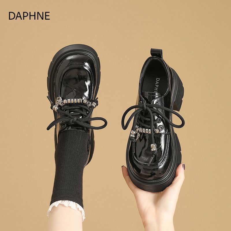 达芙妮厚底乐福鞋黑色小皮鞋